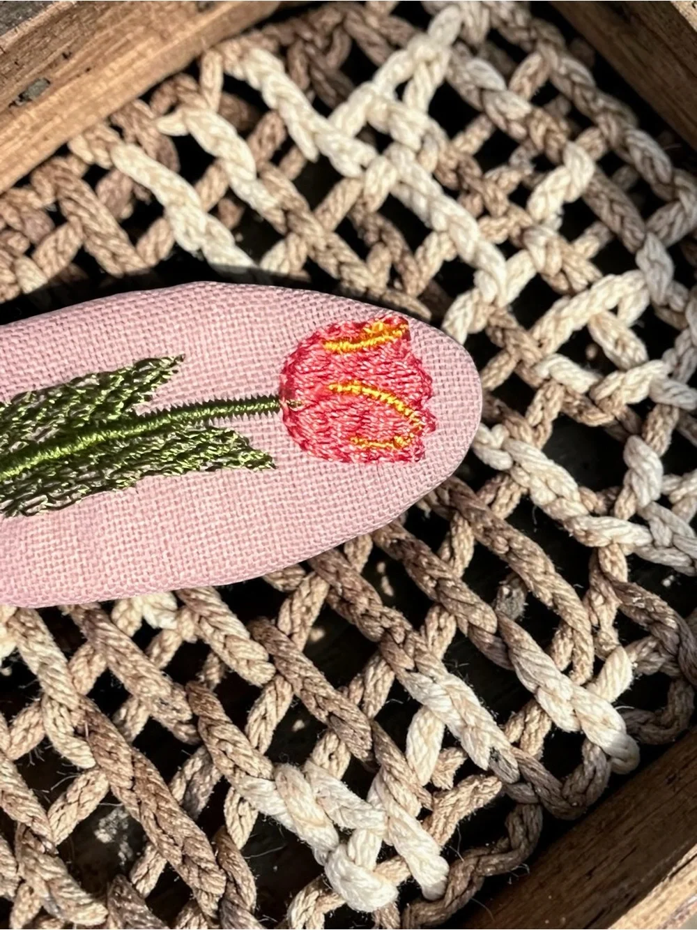 Embroidered Tulip Linen Hair Clip Pink Cottagecore Snap Barrette